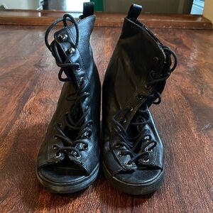 Deena & Ozzy Black Lace-Up Peep Toe Boots